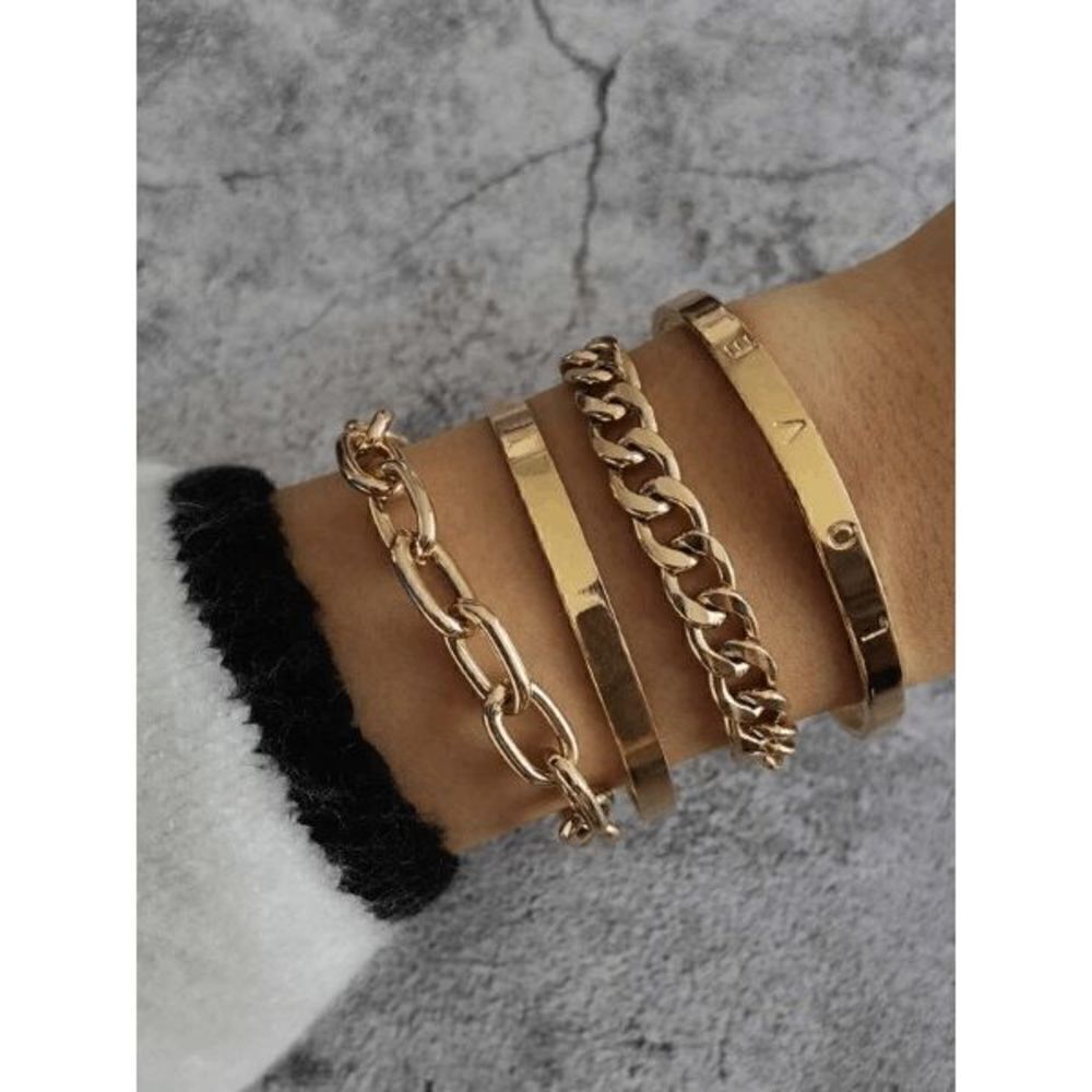 GOLD PLATED LINK CUFF LOVE BRACELETS - 4 PIECES